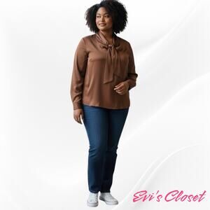 Elloqii Plus Size 28 Brown Blouse Tie Neck Silky Light Side Slits
